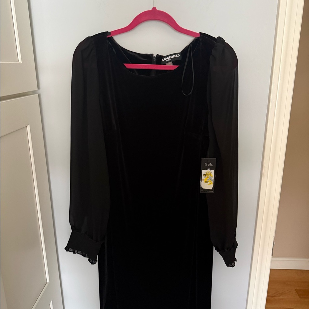 NWT Karl Lagerfeld Black Sheer-Sleeve Shift Dress - Picture 3 of 8